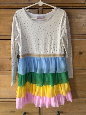 Hanna Andersson Cream Gold Dot Dress with rainbow skirt